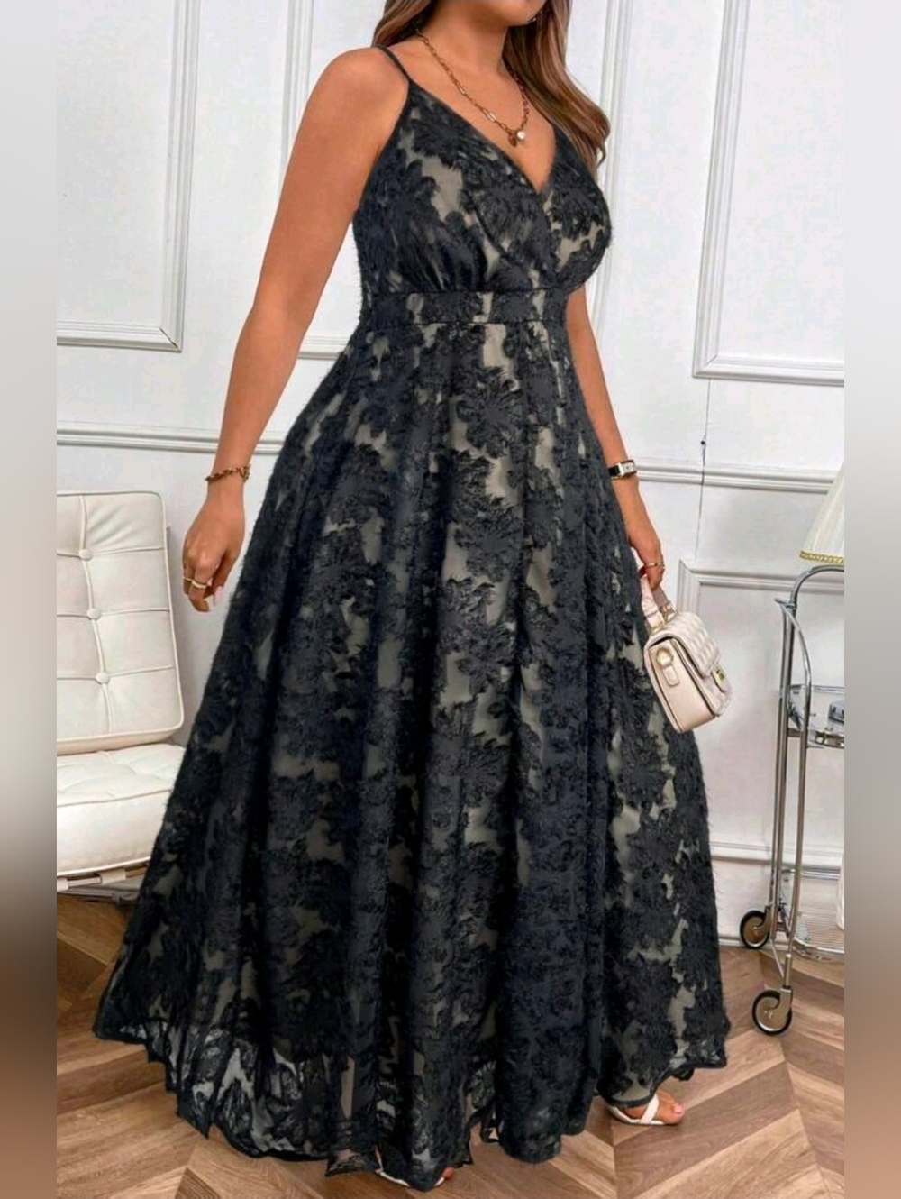 New Textured Floral Jacquard Wrap Top Maxi Cami Dress PLUS Black - Picture 5 of 11